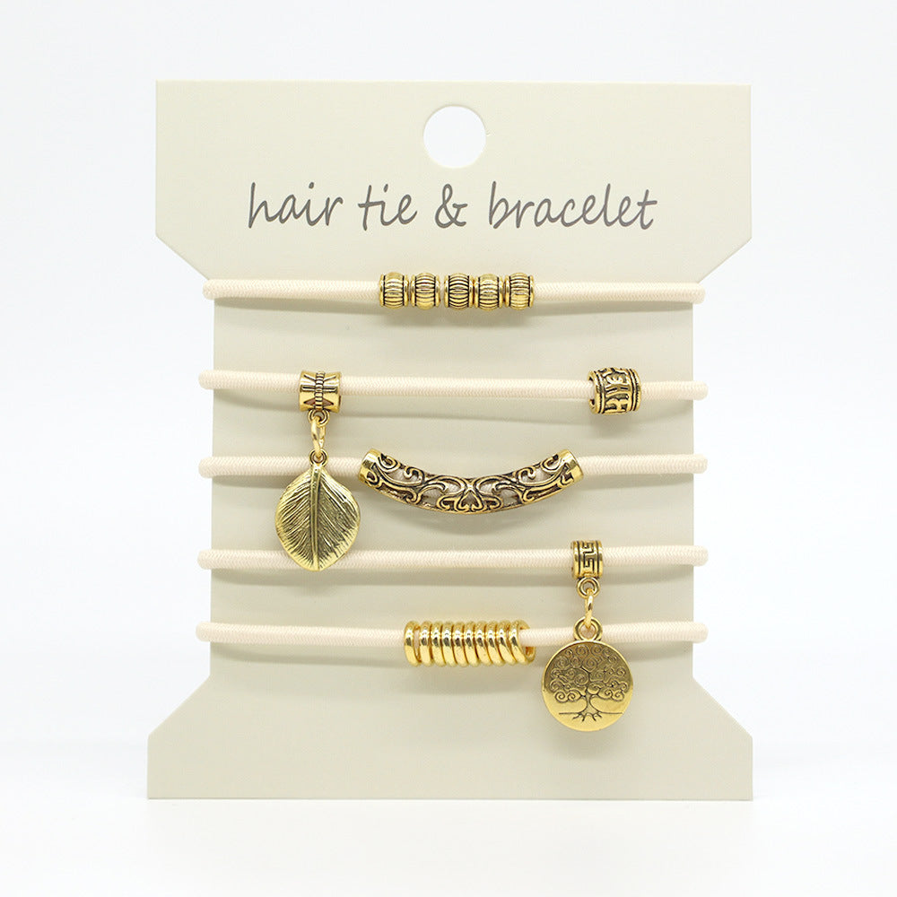 Leaf Charm Hair Tie Bracelet Set - D