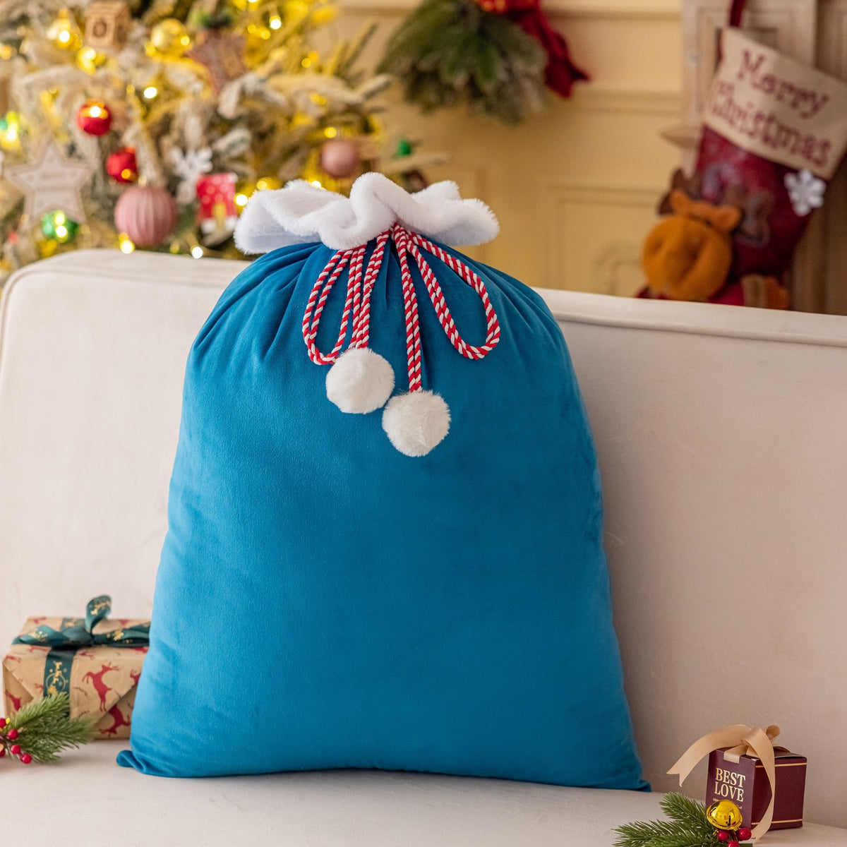 Plush Cuff Velvet Drawstring Bag for Holiday Gifts - Blue