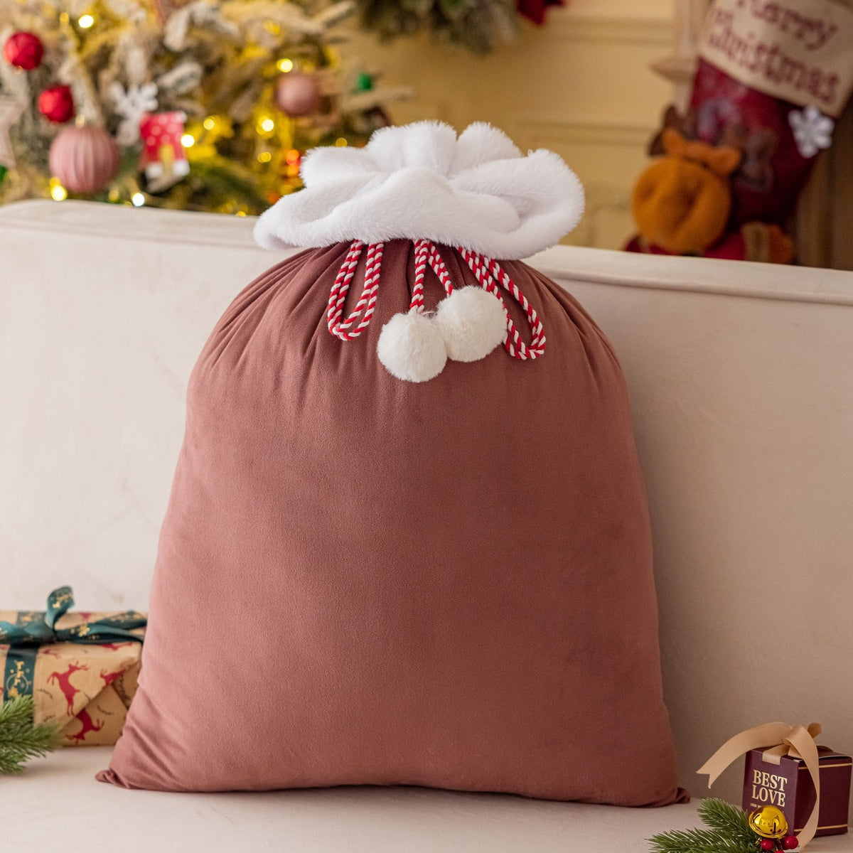Plush Cuff Velvet Drawstring Bag for Holiday Gifts - Brown