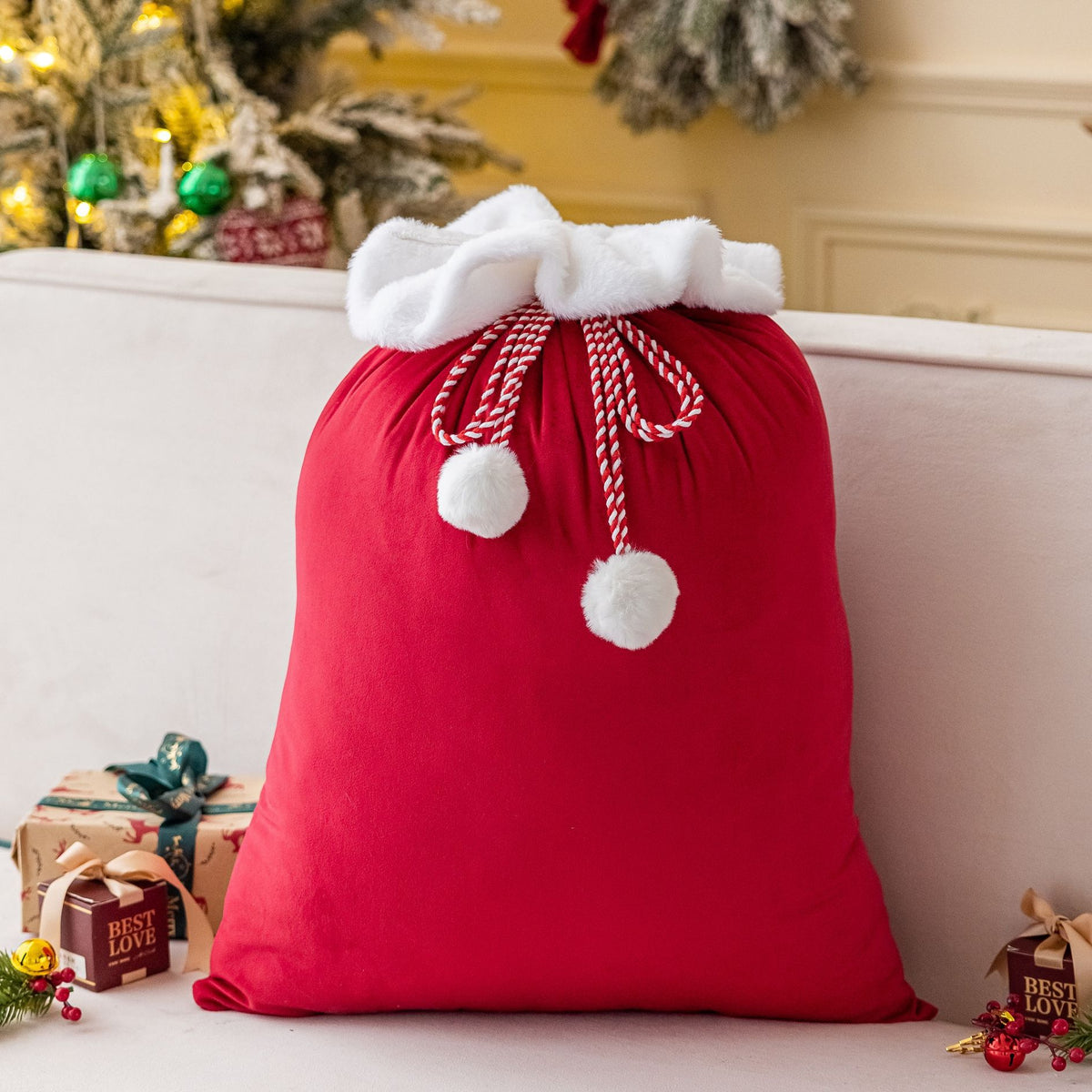 Plush Cuff Velvet Drawstring Bag for Holiday Gifts - DarkRed