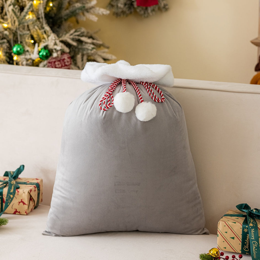 Plush Cuff Velvet Drawstring Bag for Holiday Gifts - Grey