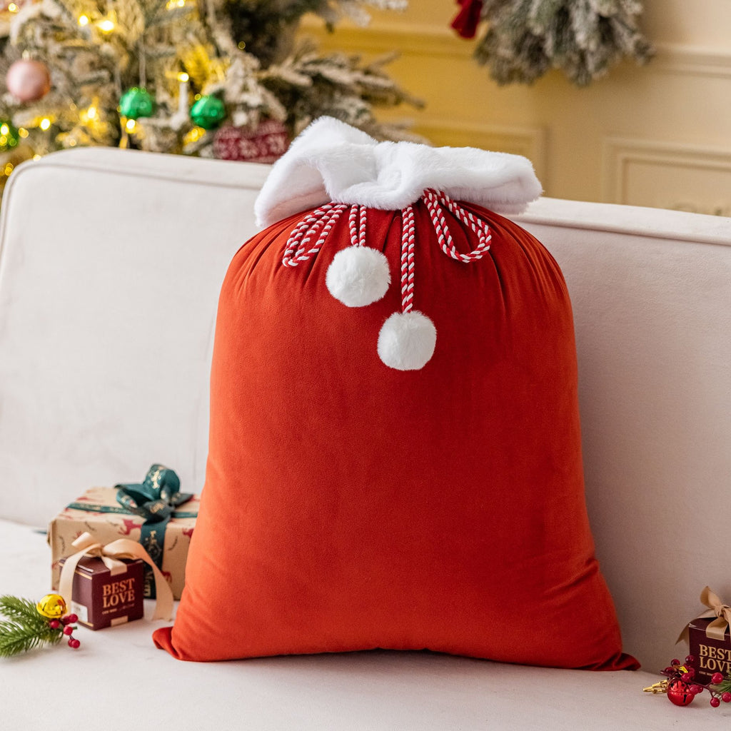 Plush Cuff Velvet Drawstring Bag for Holiday Gifts - Orange