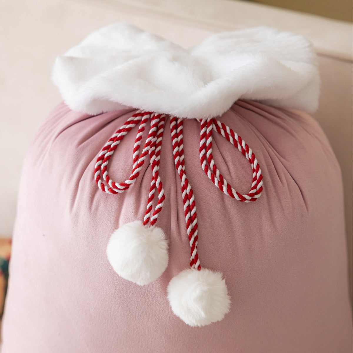 Plush Cuff Velvet Drawstring Bag for Holiday Gifts - Pink - 2