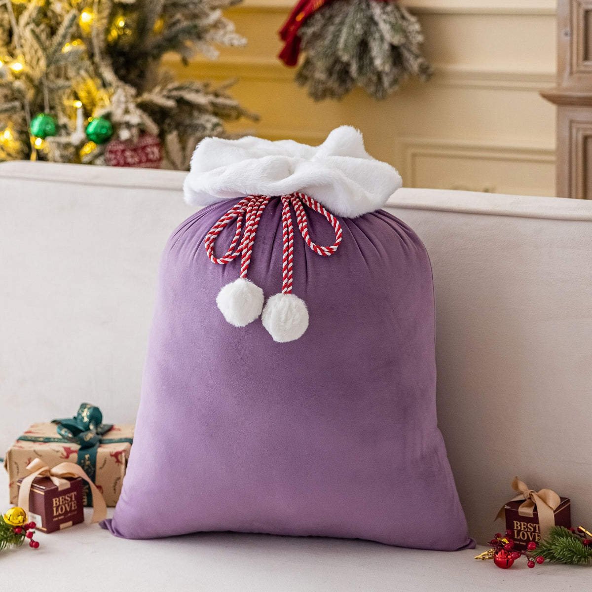 Plush Cuff Velvet Drawstring Bag for Holiday Gifts - Purple