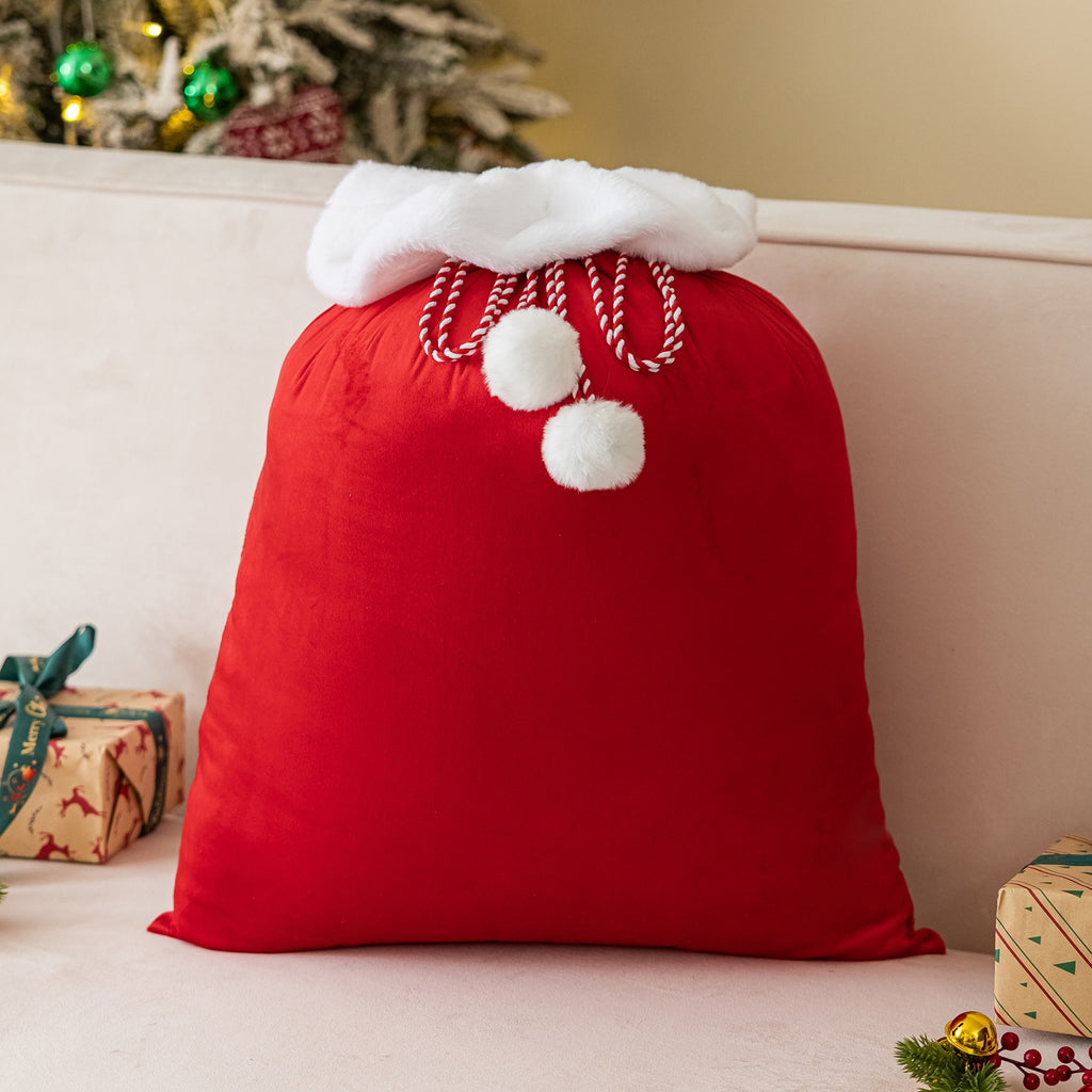 Plush Cuff Velvet Drawstring Bag for Holiday Gifts - Red