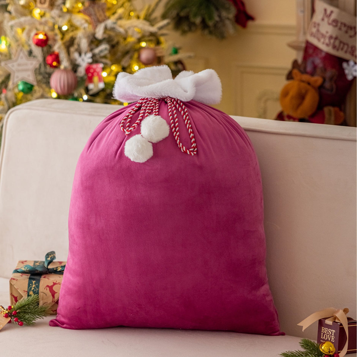 Plush Cuff Velvet Drawstring Bag for Holiday Gifts - Rose_Red