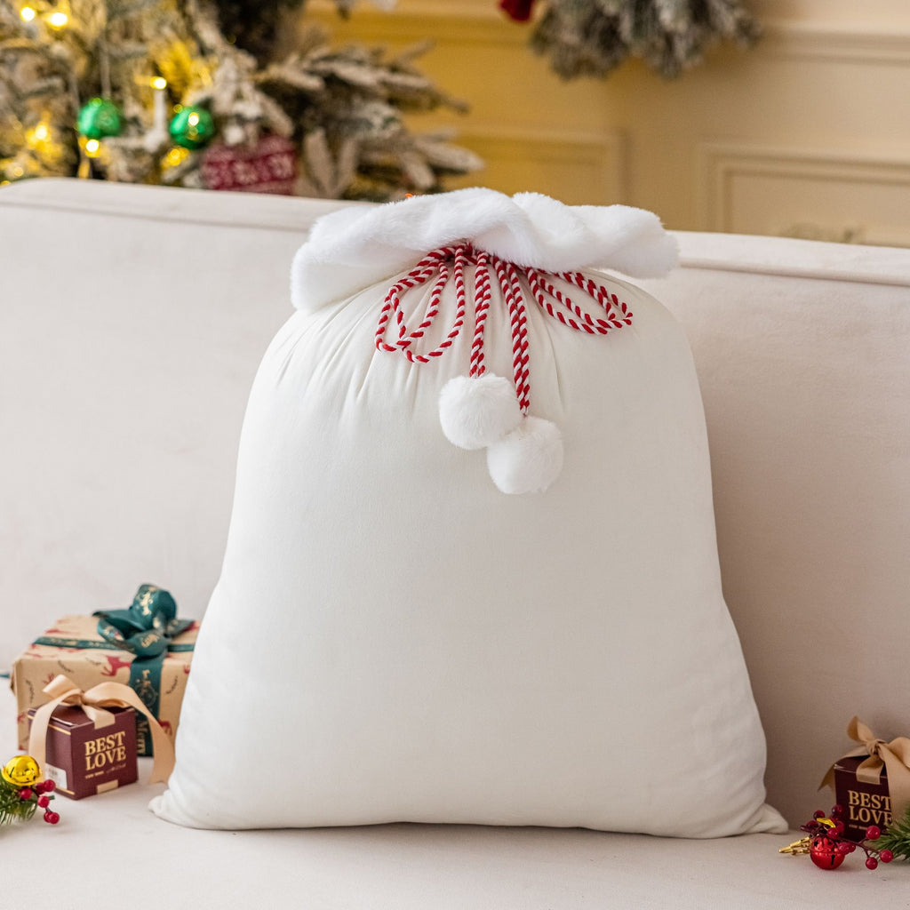 Plush Cuff Velvet Drawstring Bag for Holiday Gifts - White