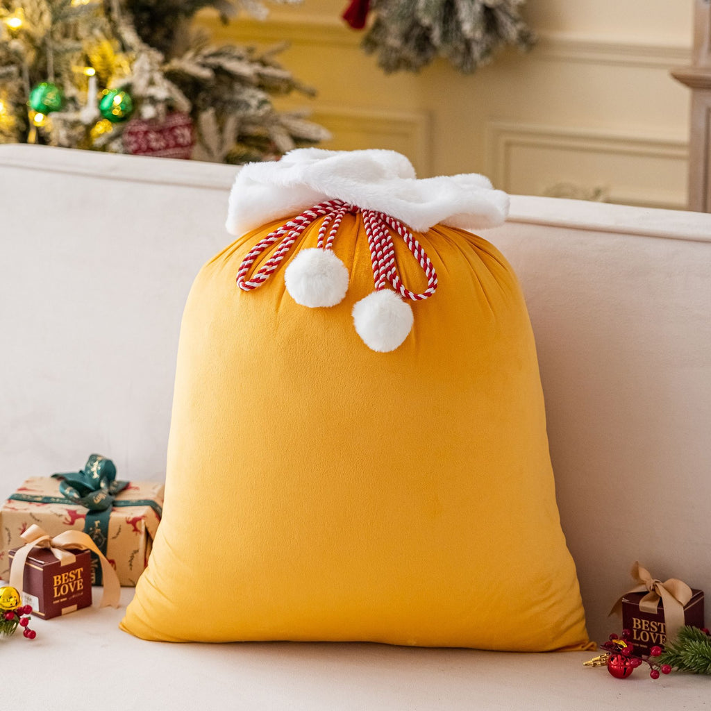Plush Cuff Velvet Drawstring Bag for Holiday Gifts - Yellow