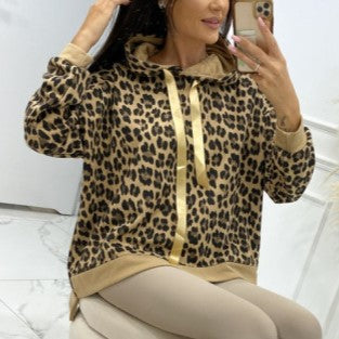 Leopard Print Oversized Drawstring Hoodie - Khaki - 2