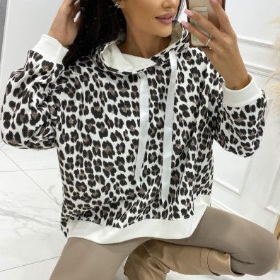 Leopard Print Oversized Drawstring Hoodie - White - 1