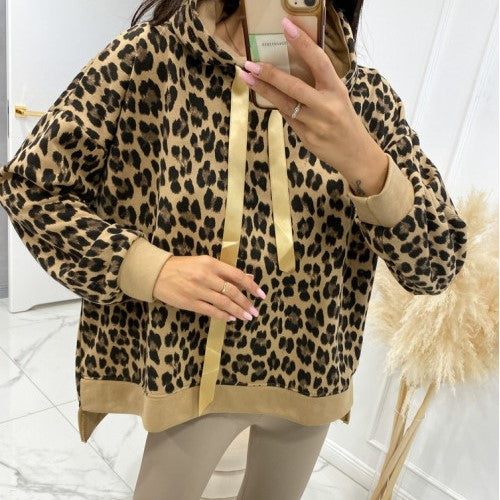 Leopard Print Oversized Drawstring Hoodie
