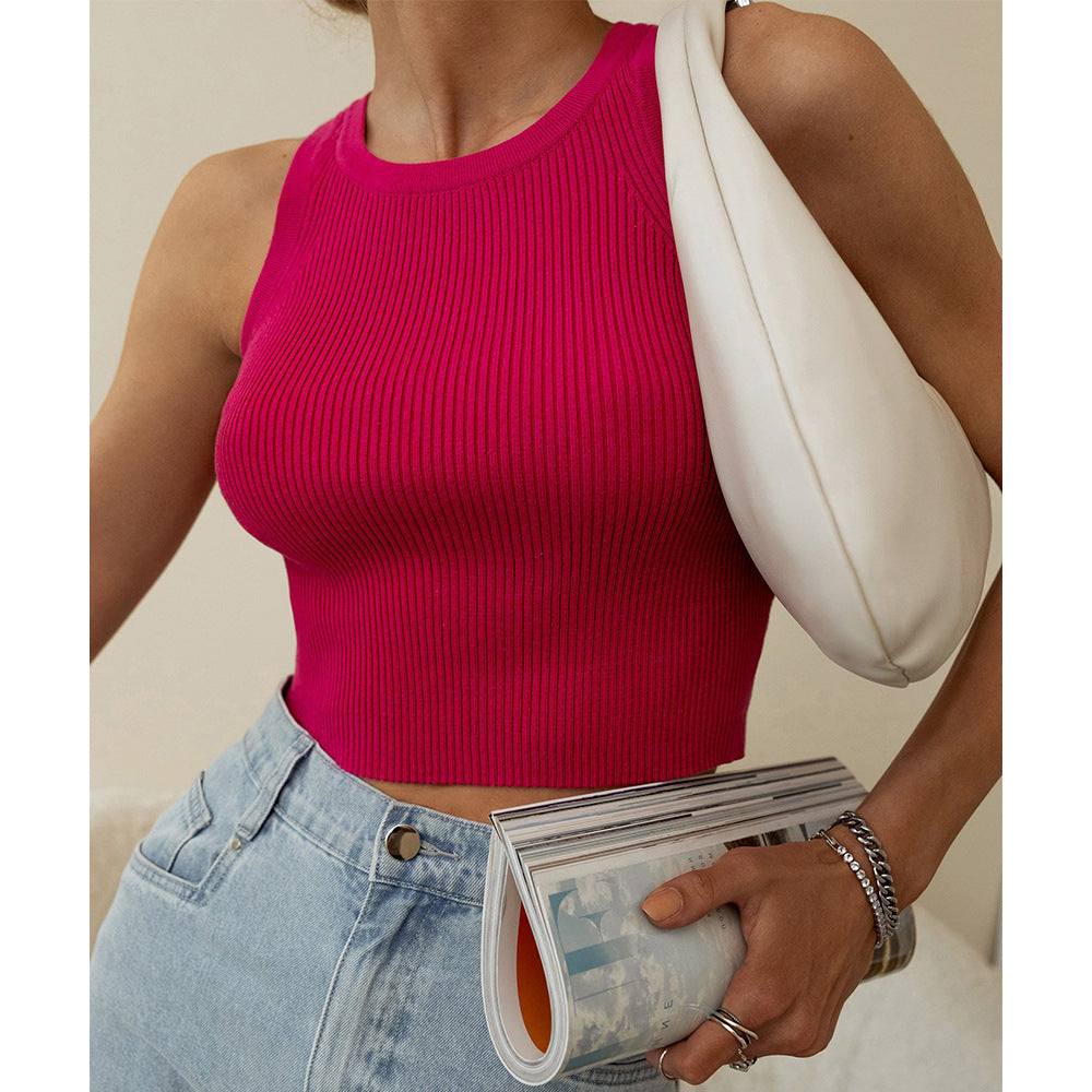 Ribbed Knit Sleeveless Crop Vest Top - RoseRed