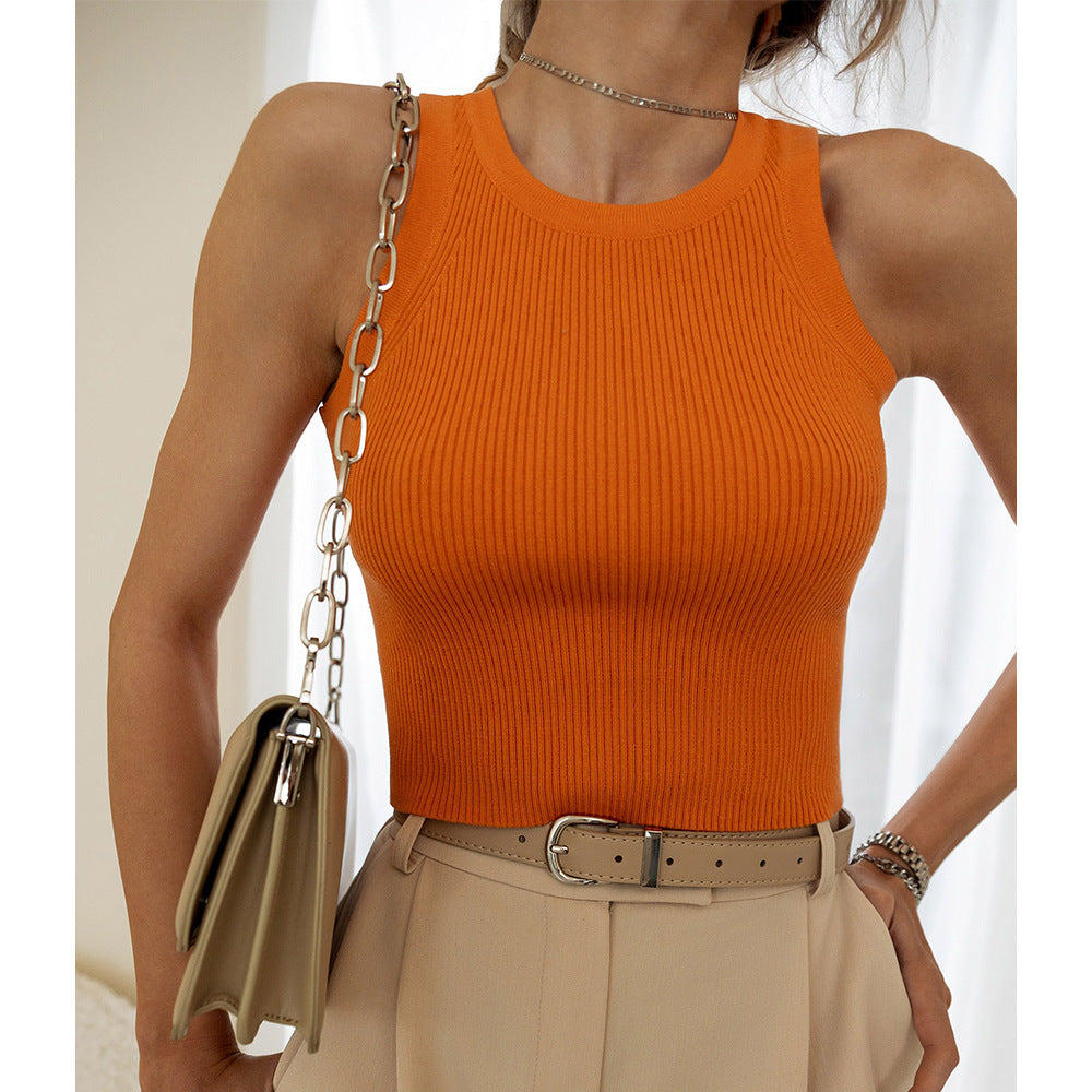 Ribbed Knit Sleeveless Crop Vest Top - orange