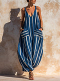 Striped Sleeveless Harem Jumpsuit With Pockets - Blue