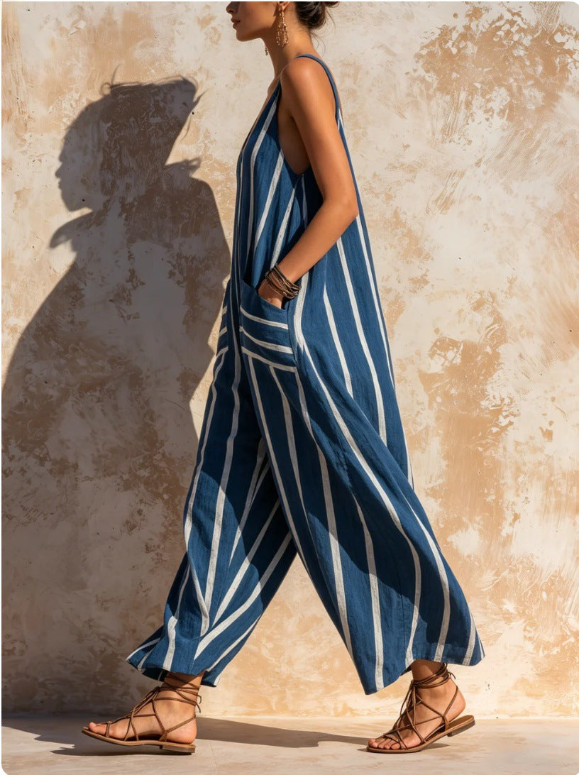 Striped Sleeveless Harem Jumpsuit With Pockets - Blue - 1