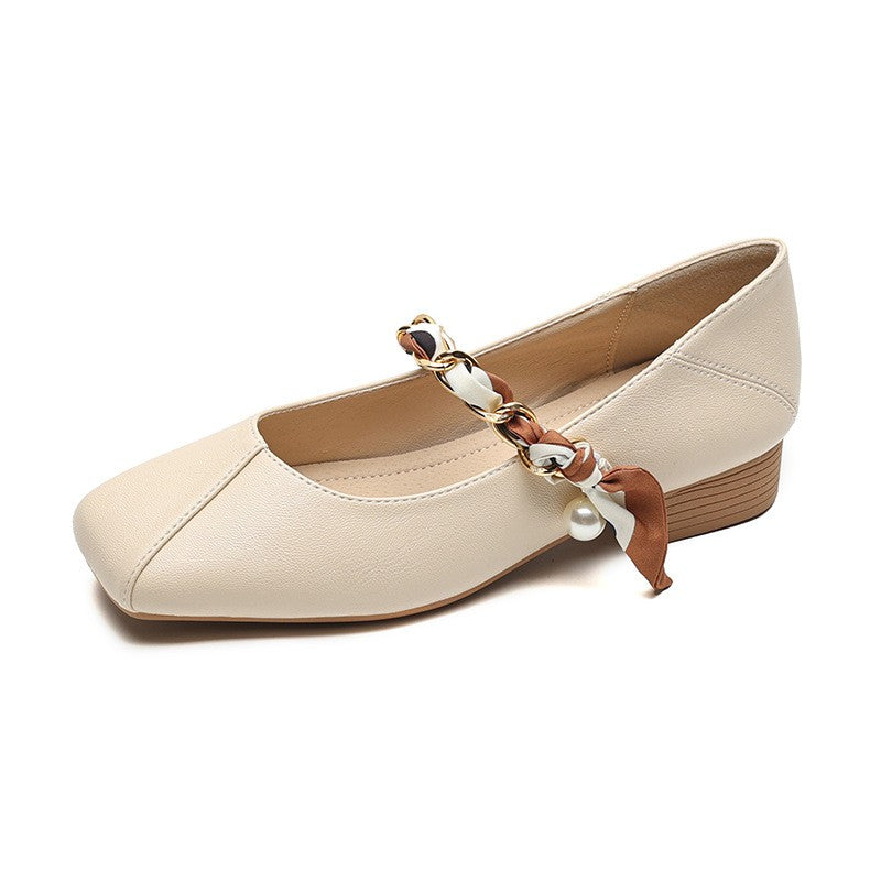 Square Toe Chain Strap Mary Janes - Cream