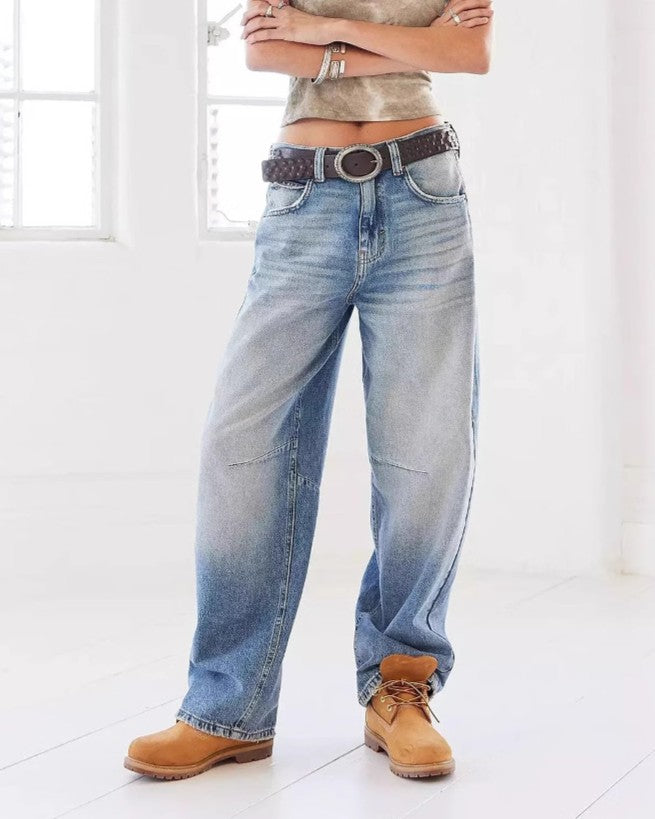 Slouchy Barrel Leg Vintage Wash Jeans - Blue - 1