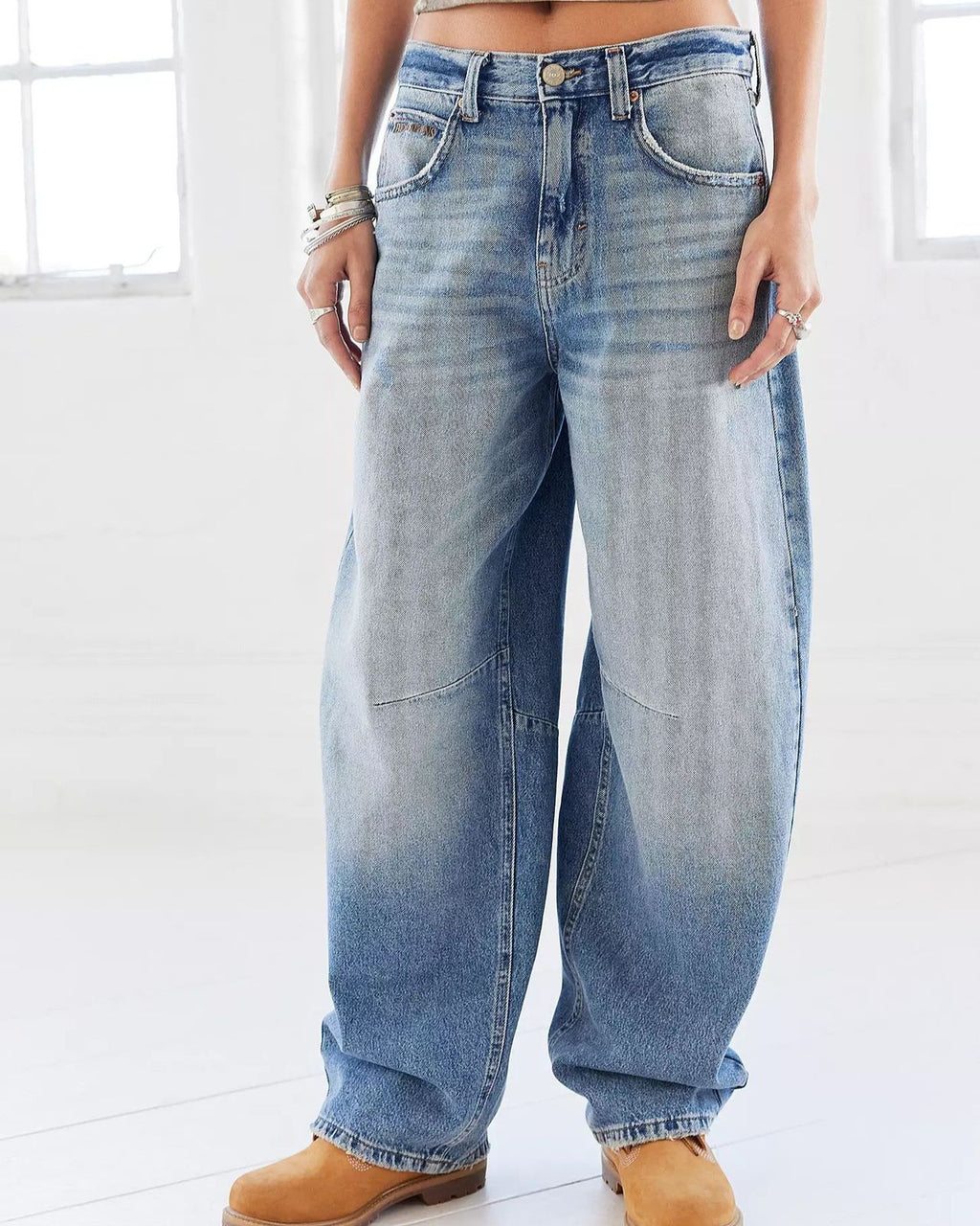 Slouchy Barrel Leg Vintage Wash Jeans - Blue - 2
