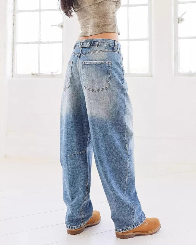 Slouchy Barrel Leg Vintage Wash Jeans - Blue - 3