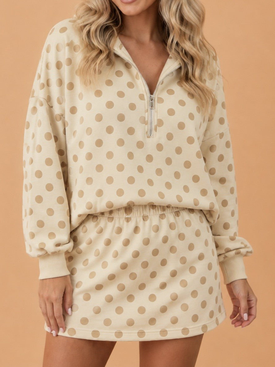 Dotted Quarter Zip Hoodie and Mini Skirt Set - Beige
