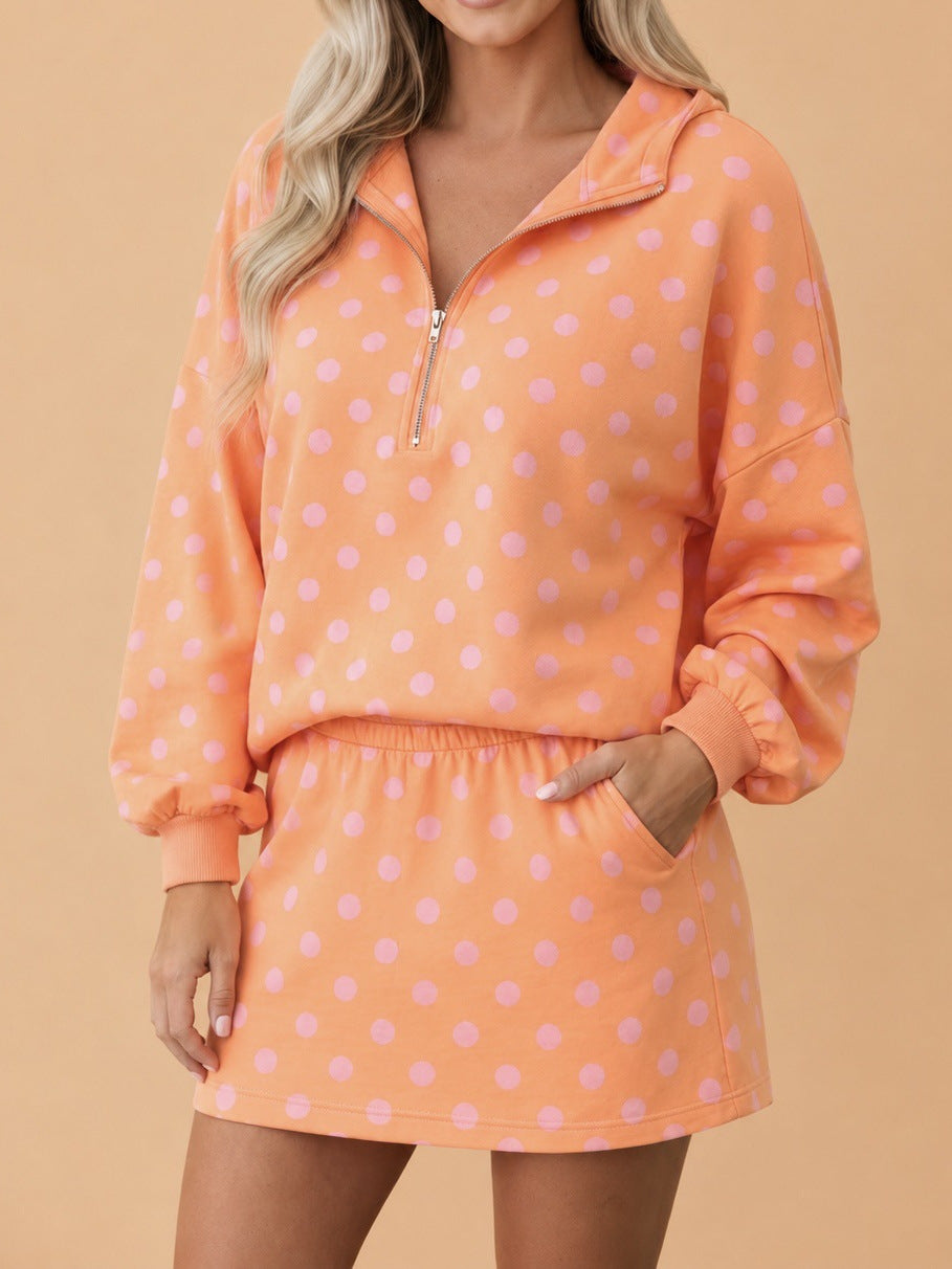 Dotted Quarter Zip Hoodie and Mini Skirt Set - Orange
