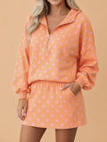 Dotted Quarter Zip Hoodie and Mini Skirt Set - Orange