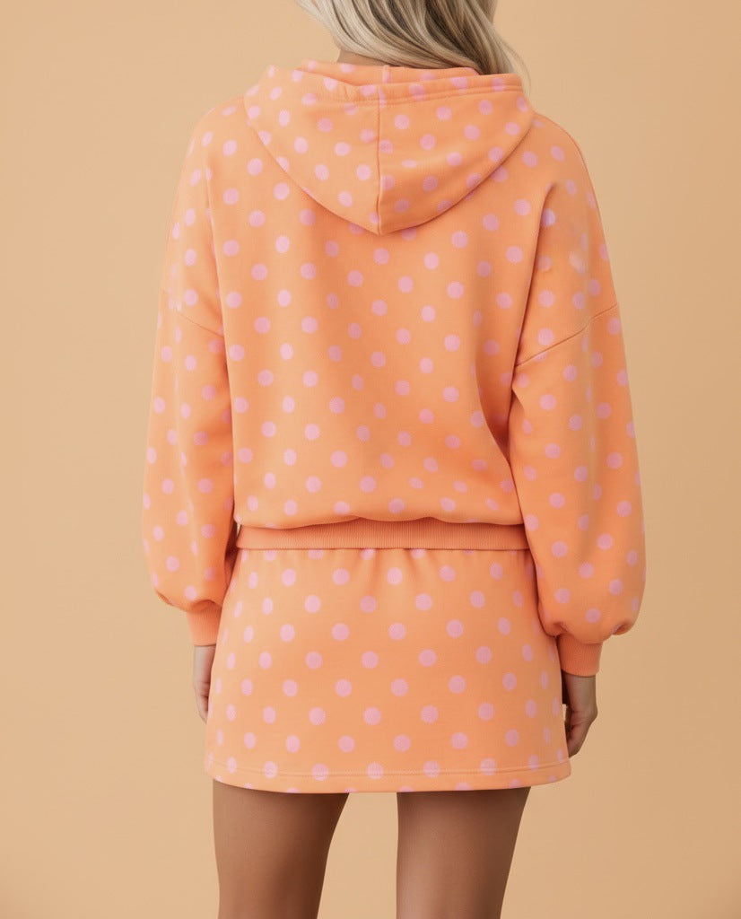 Dotted Quarter Zip Hoodie and Mini Skirt Set - Orange - 1