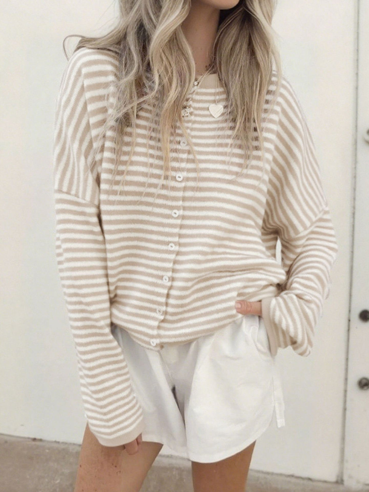 Breton Stripe Button Up Knit Cardigan - Khaki