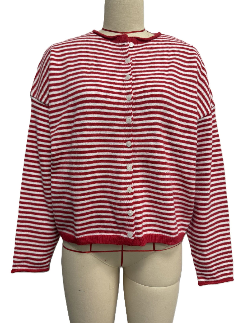 Breton Stripe Button Up Knit Cardigan - Red