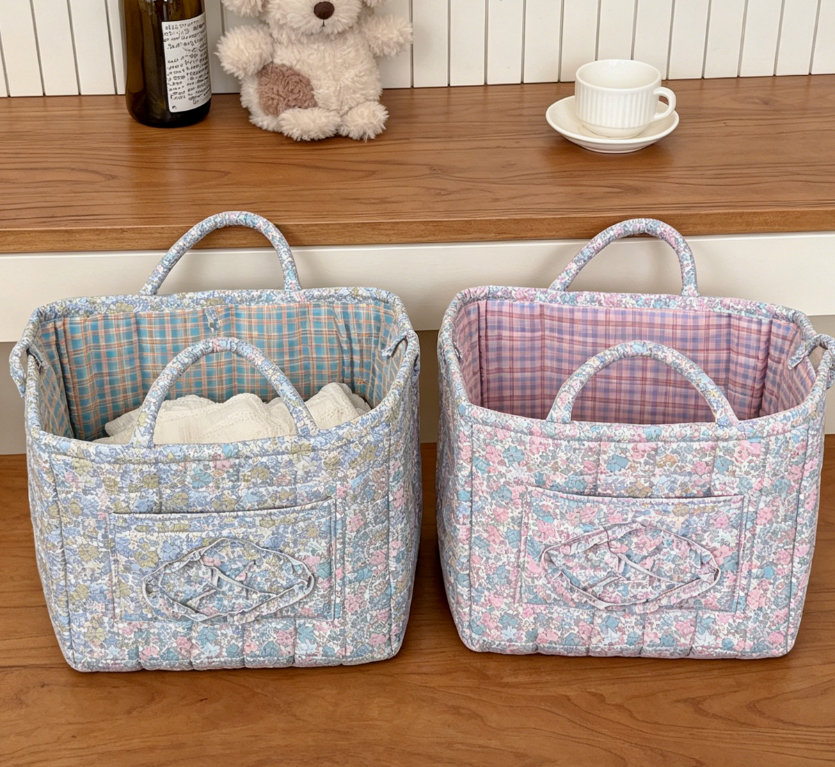 Padded Ditsy Floral Basket Tote Bag - Purple