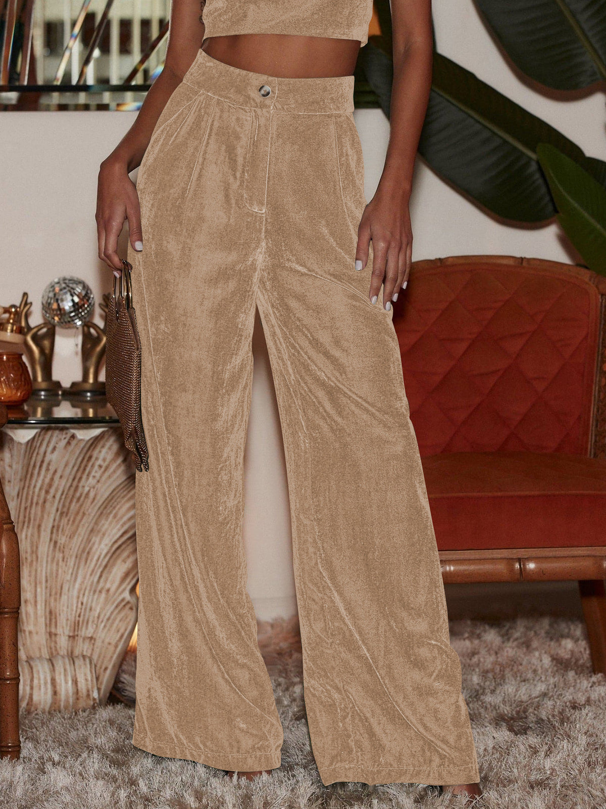 Plush Velvet Palazzo Pants High Rise - Apricot