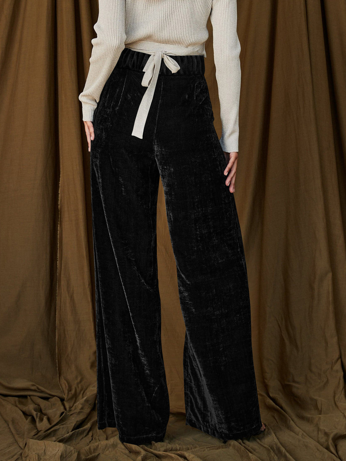 Plush Velvet Palazzo Pants High Rise - Black