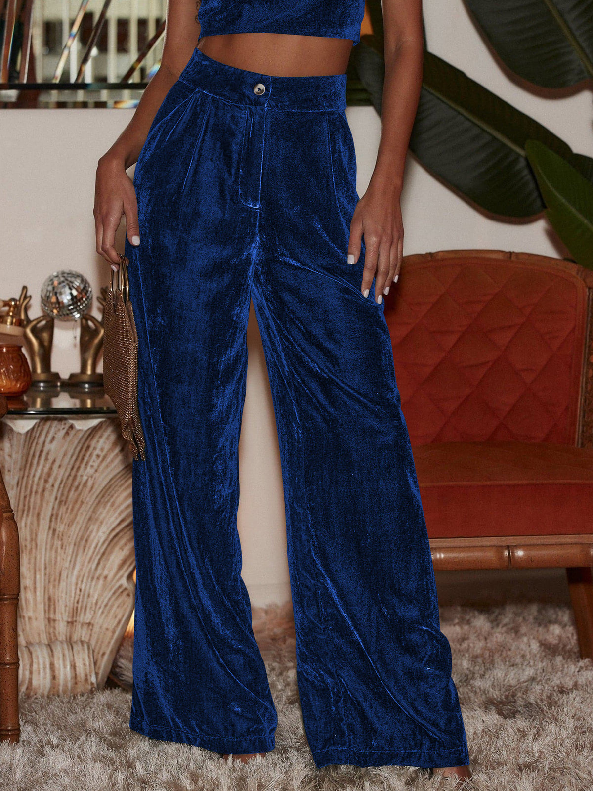 Plush Velvet Palazzo Pants High Rise - Blue