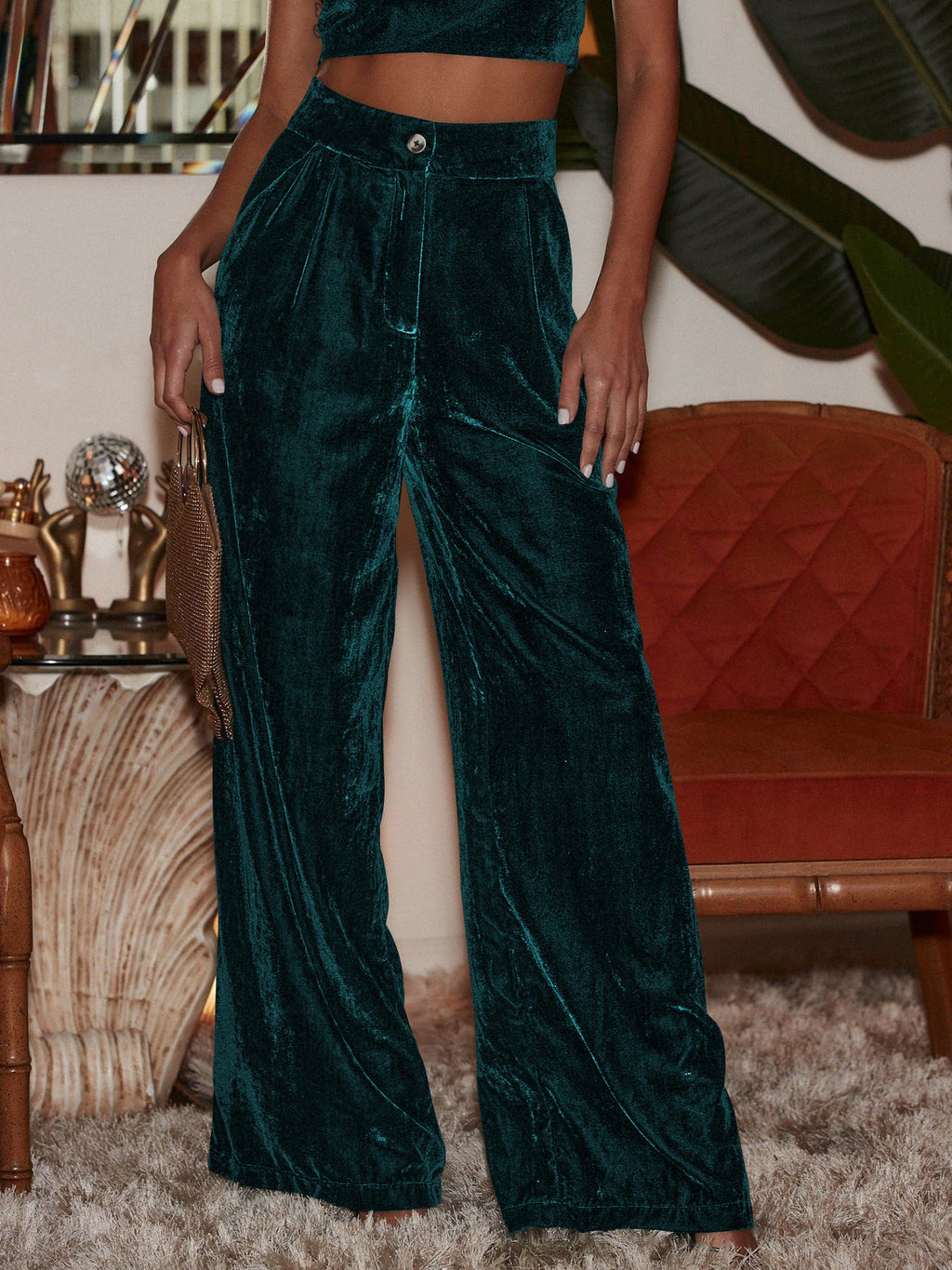Plush Velvet Palazzo Pants High Rise - DarkGreen