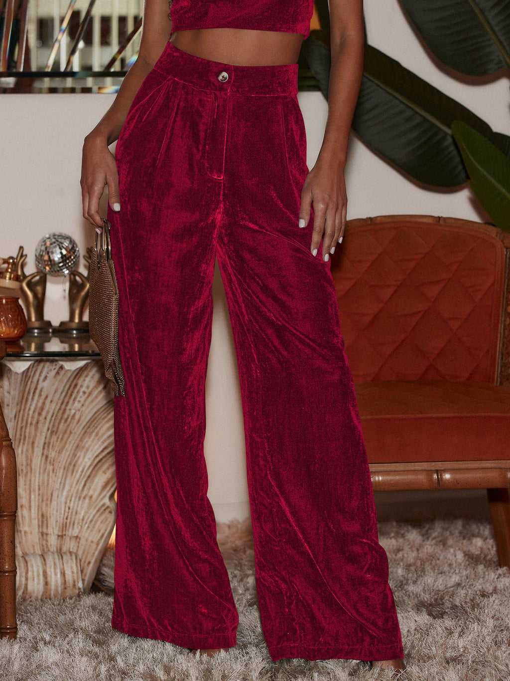 Plush Velvet Palazzo Pants High Rise - Red