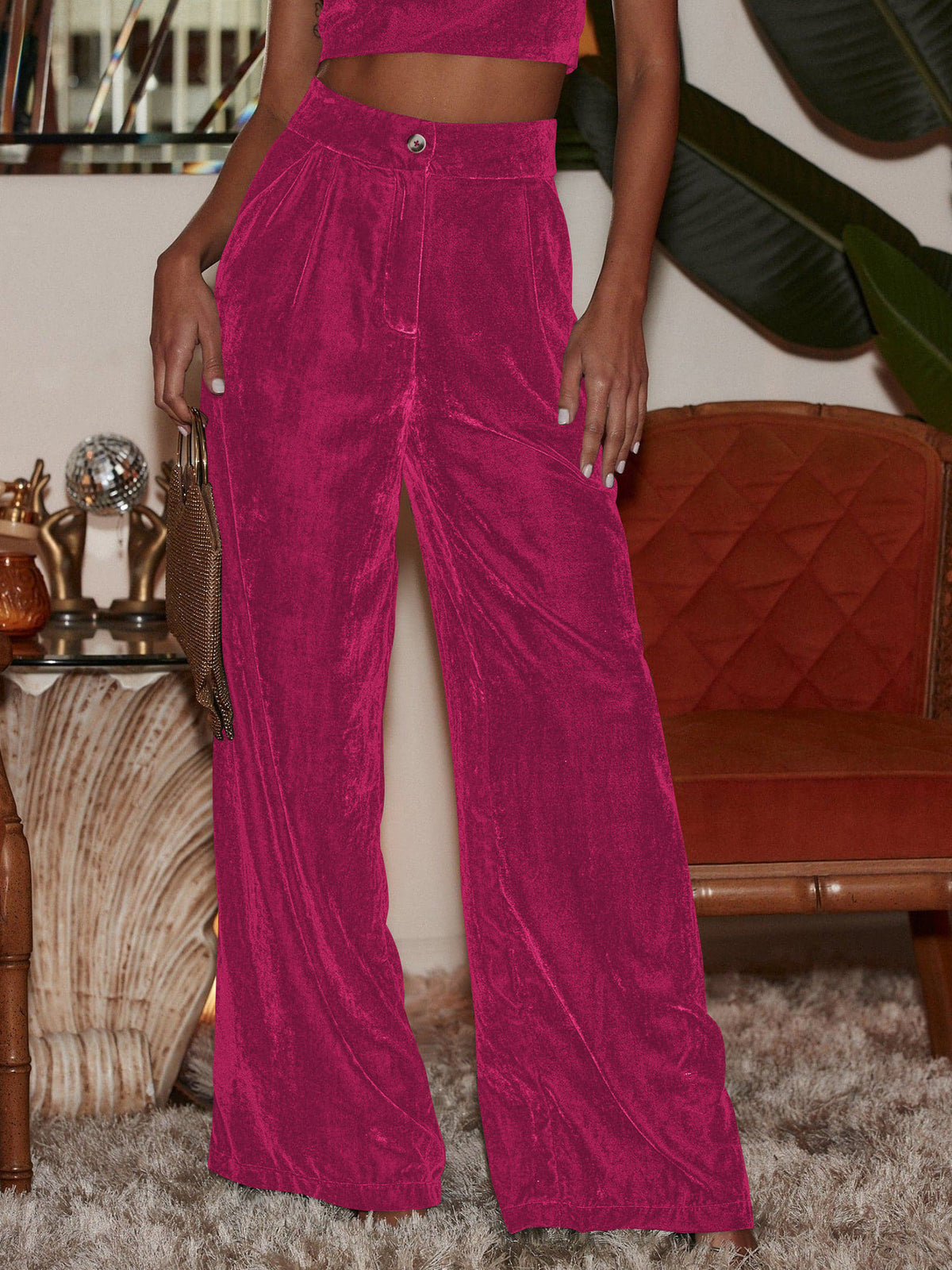 Plush Velvet Palazzo Pants High Rise - Rose