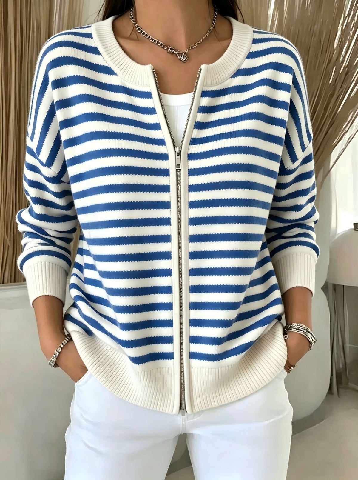 Striped Zip Front Bomber Cardigan - White