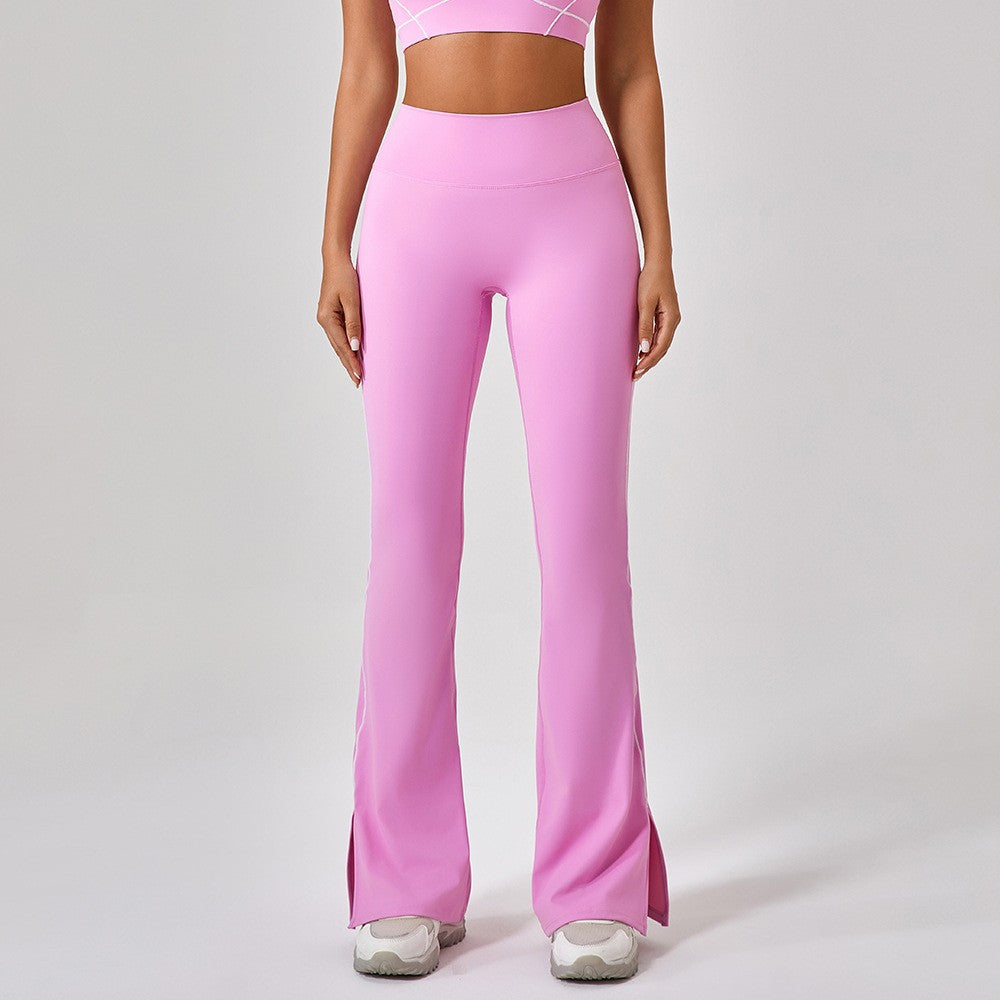 Contrast Piping Split Hem Flare Yoga Leggings - Pink