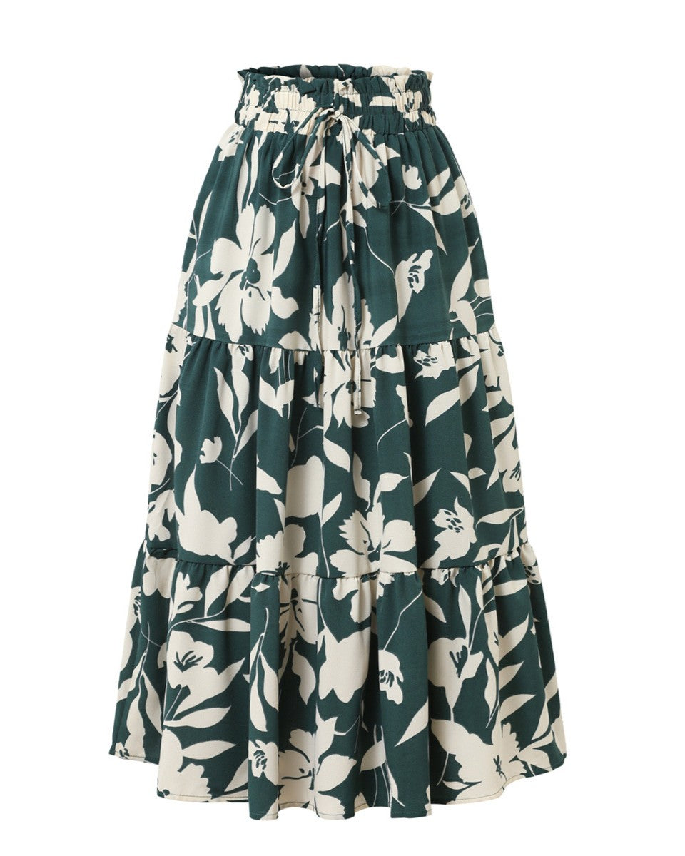 Smocked Waist Floral Tiered Midi Skirt - Green