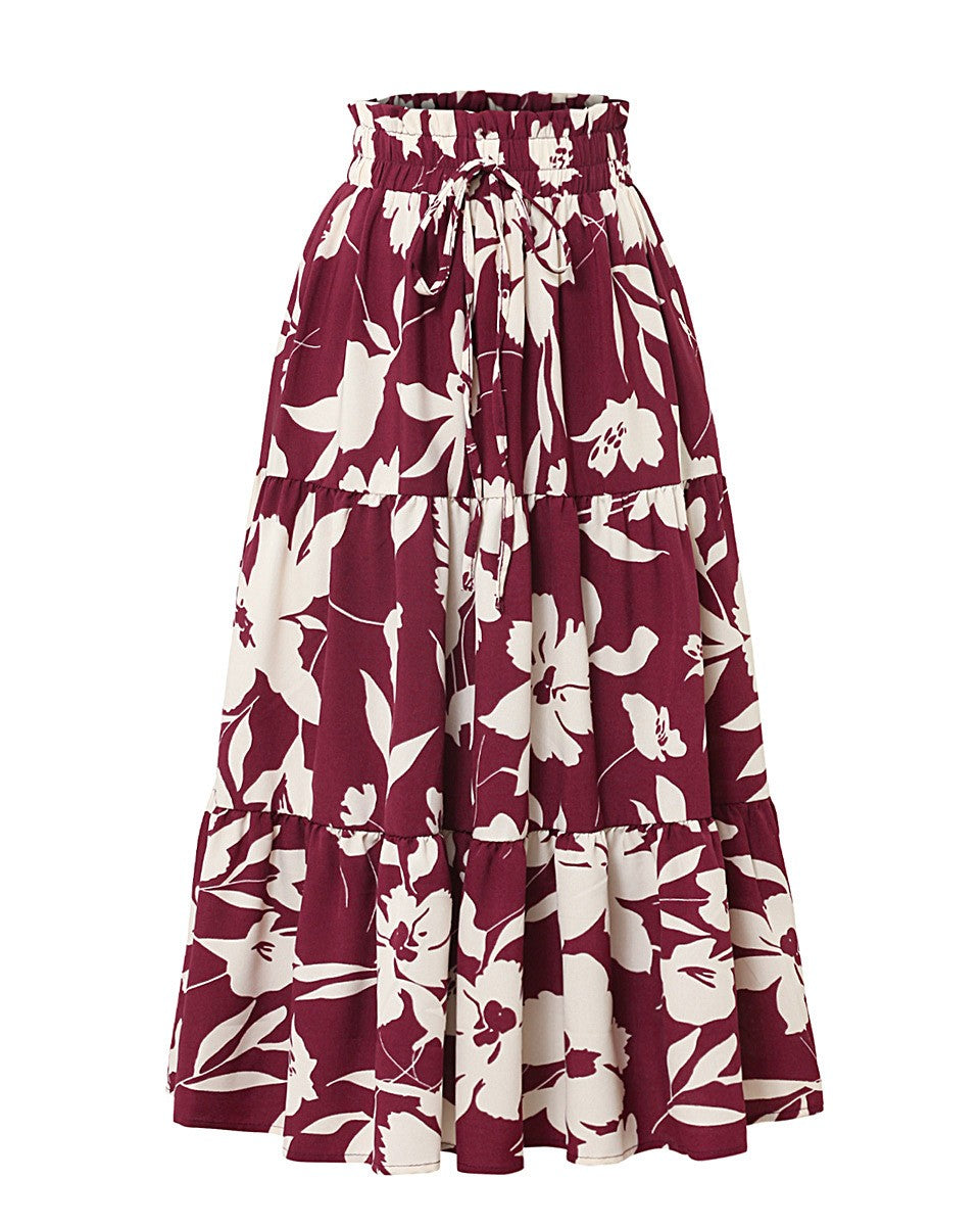 Smocked Waist Floral Tiered Midi Skirt - Red