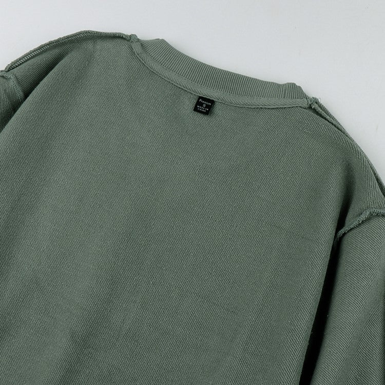 Solid Cotton Crew Sweatshirt With Raglan Sleeves - Sage - 2