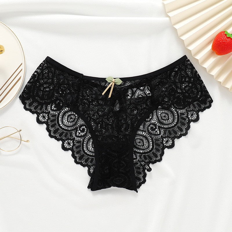 Scalloped Lace Bow Keyhole Back Mid Rise Brief - Black