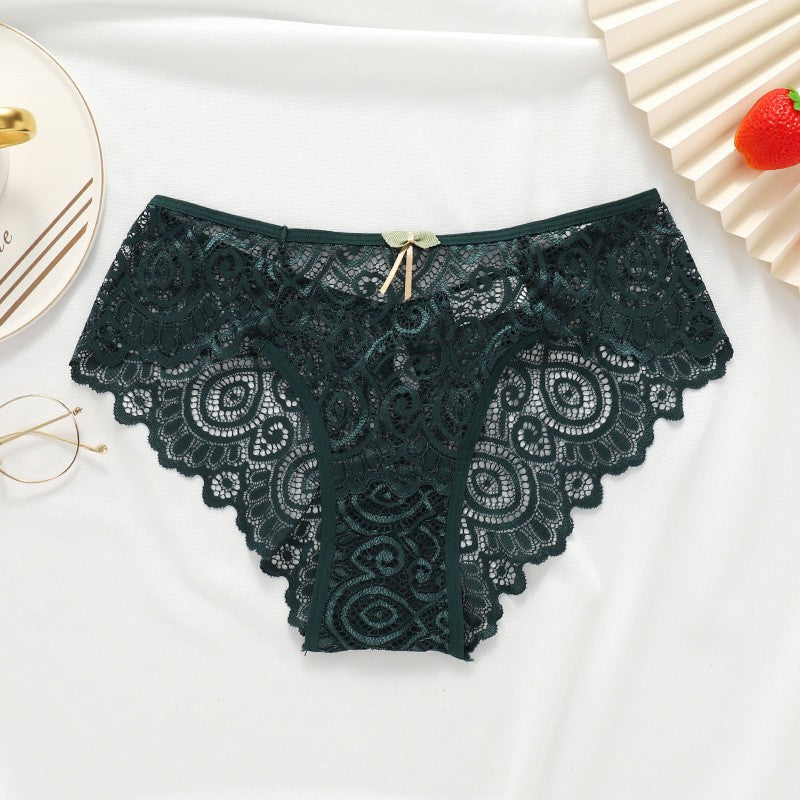 Scalloped Lace Bow Keyhole Back Mid Rise Brief - Dark Green