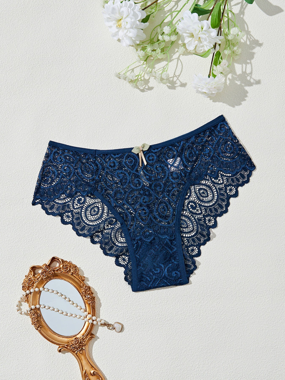 Scalloped Lace Bow Keyhole Back Mid Rise Brief - Navy