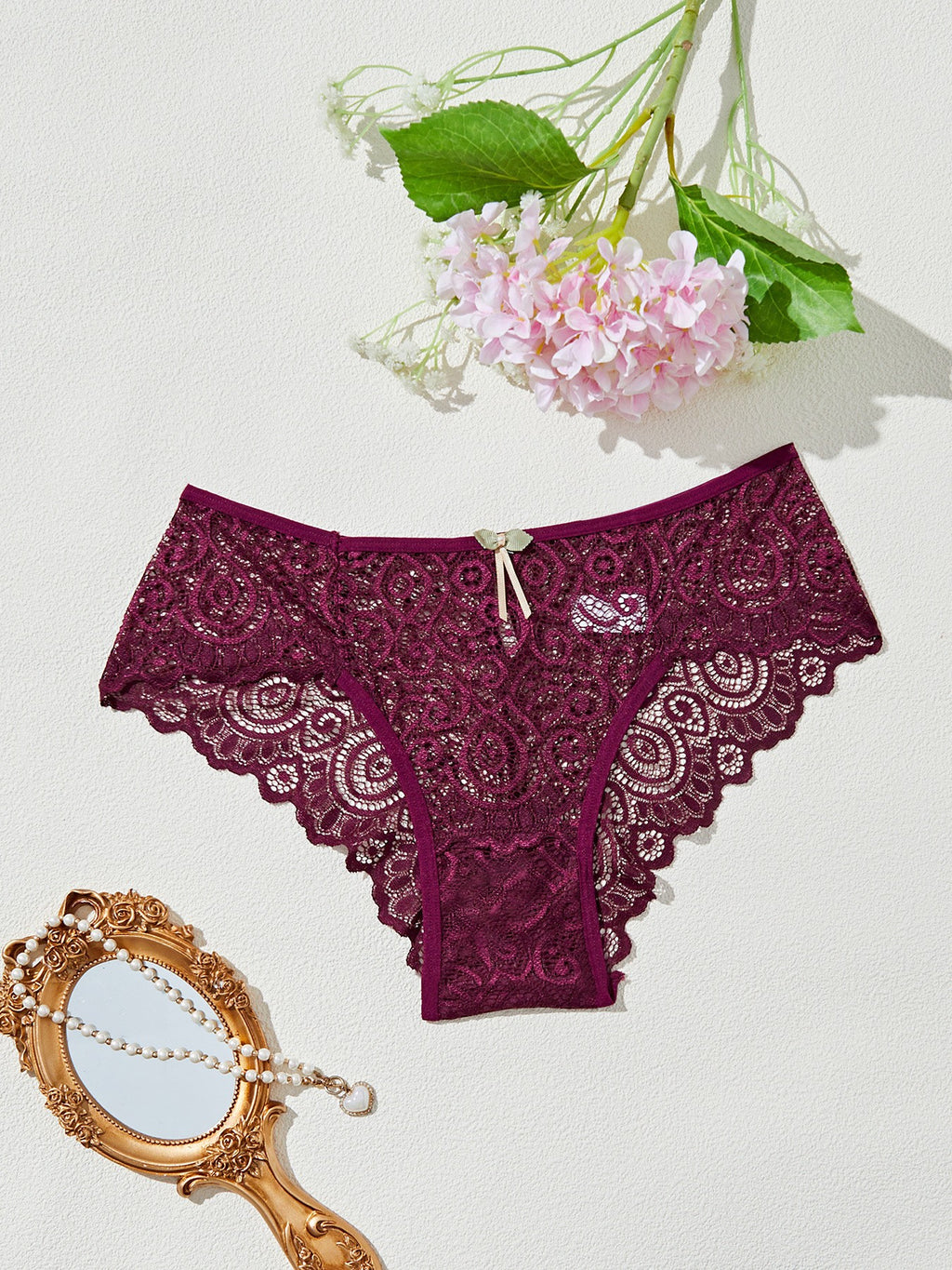 Scalloped Lace Bow Keyhole Back Mid Rise Brief - Plum