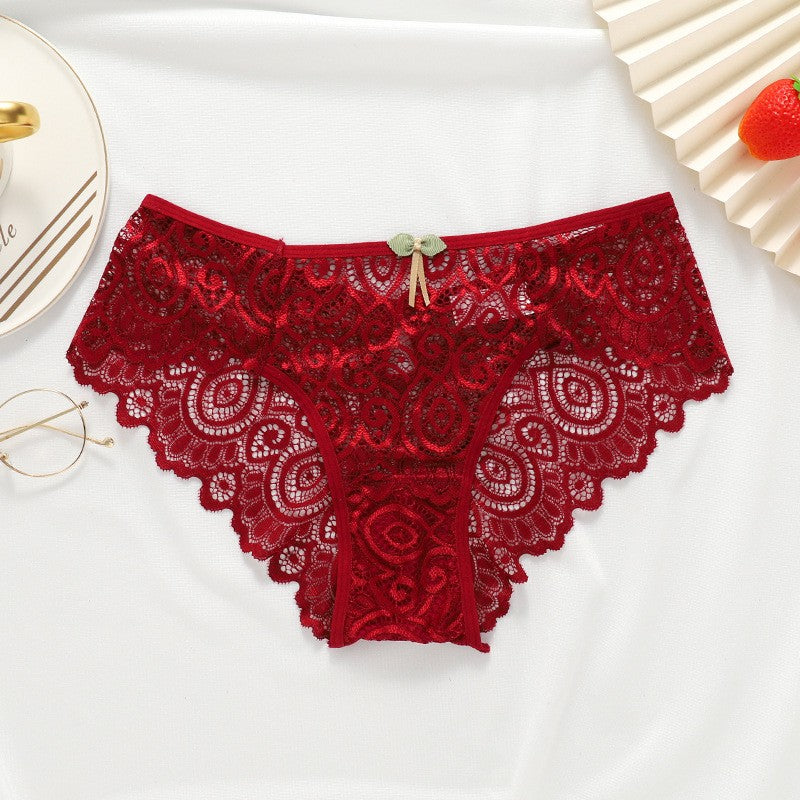 Scalloped Lace Bow Keyhole Back Mid Rise Brief - Red
