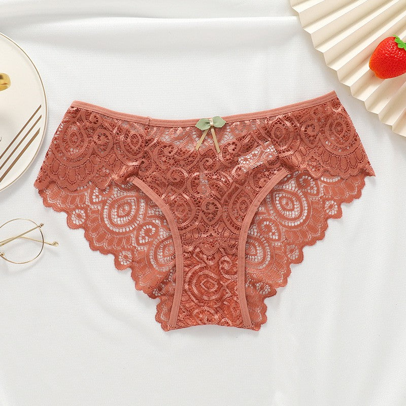 Scalloped Lace Bow Keyhole Back Mid Rise Brief - Rose Brown