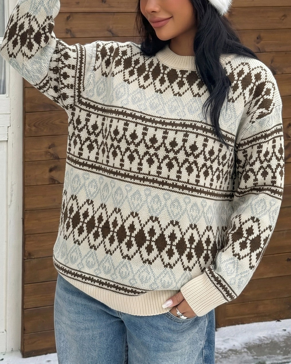 Fair Isle Pullover Sweater With Diamond Knit Pattern - Apricot