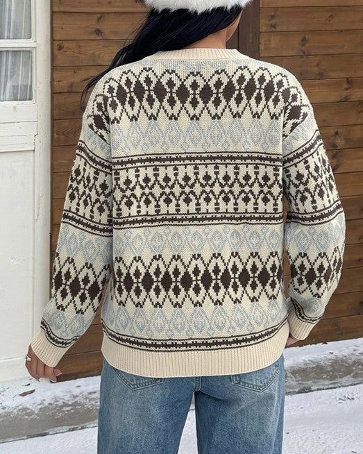 Fair Isle Pullover Sweater With Diamond Knit Pattern - Apricot - 4