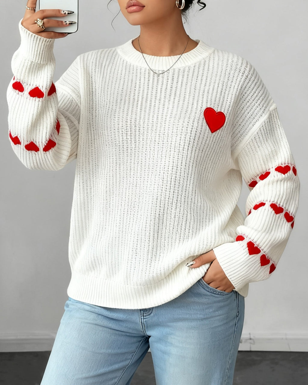 Heart Jacquard Ribbed Drop Shoulder Knit Sweater - White - 1